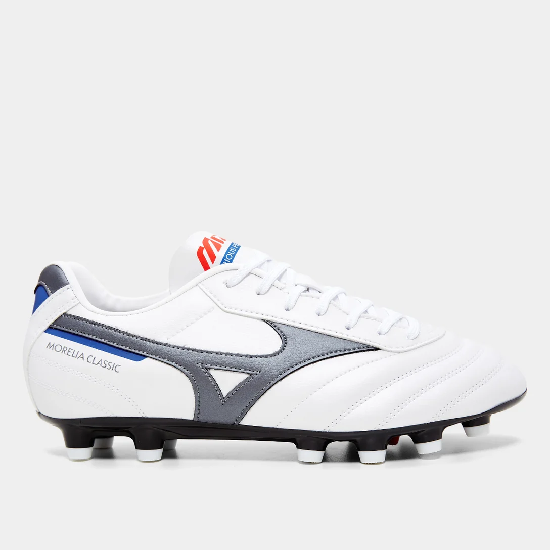 Chuteira Campo Mizuno Morelia Classic Unissex - Branco, Chumbo e Azul