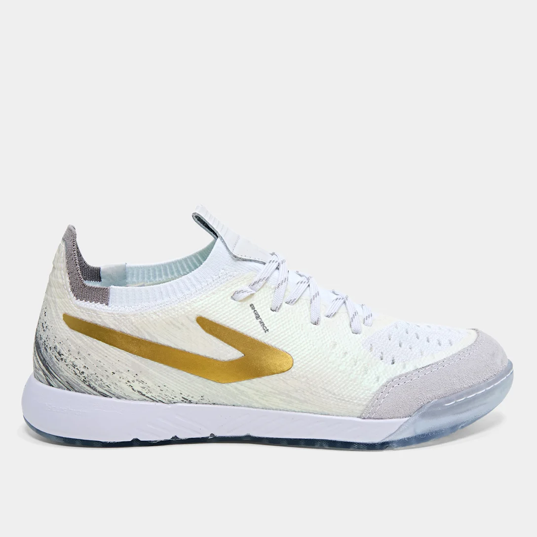 Chuteira Futsal Topper Dominator Fuse II - Branco, Cinza e Dourado
